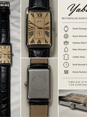 Men's Rectangular Leather Strap Watch - Black and Gold
